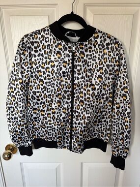 Leopard Print Retro Zip-Up Bomber Jacket Animal Print Coat Extra Small XS